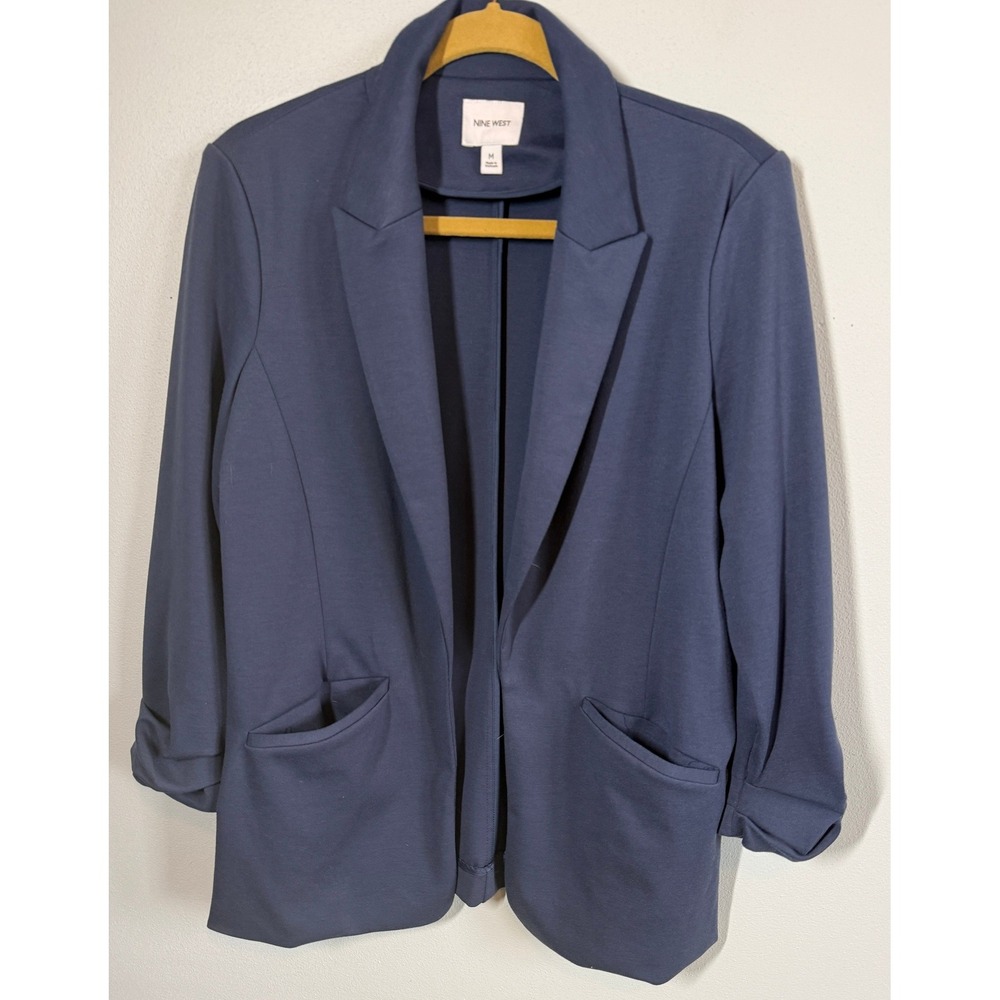 Nine West Womens Knit Blazer Sz M Navy Blue Ruched Sleeve Open Front Officecore